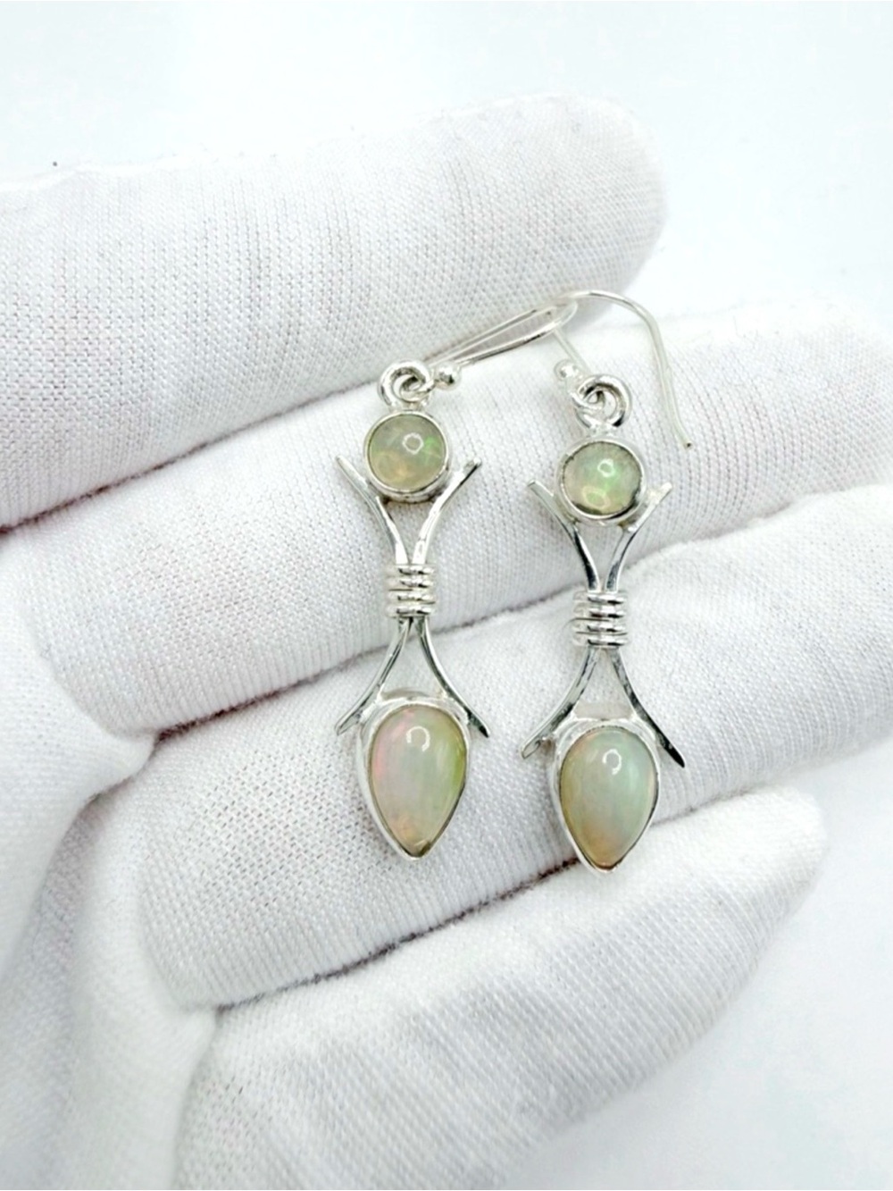 Genuine Round & Tear Drop Ethiopian Opal 925 Sterling Silver Earrings